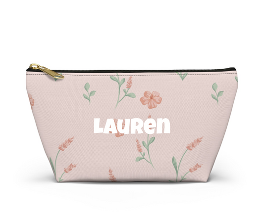 Customizable: Floral Cosmetic Bag with T-Bottom, Makeup Organizer, Flower Print Pouch, Cute Travel Accessory, Gift for Her, Mother’s Day