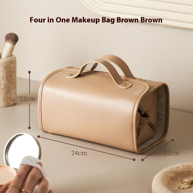 Women's Foldable Travel Cosmetic Bag – Large Capacity Waterproof PU Leather Makeup Organizer with Handle | Beige & Brown