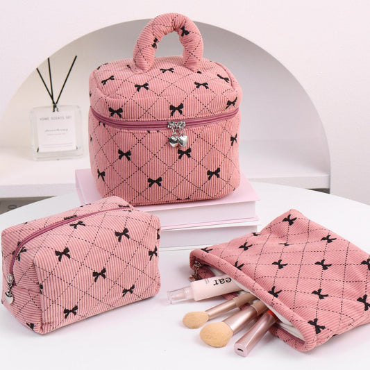 Corduroy Bow-Knot Makeup Bag - Large Capacity Cosmetic Organizer with Zipper