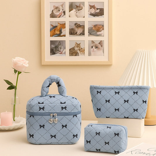 Corduroy Bow-Knot Makeup Bag - Large Capacity Cosmetic Organizer with Zipper