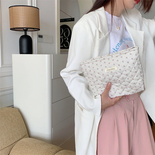 Quilted Floral Little Bear Makeup Bag - Women's Cosmetic Organizer Clutch with Cotton Lining