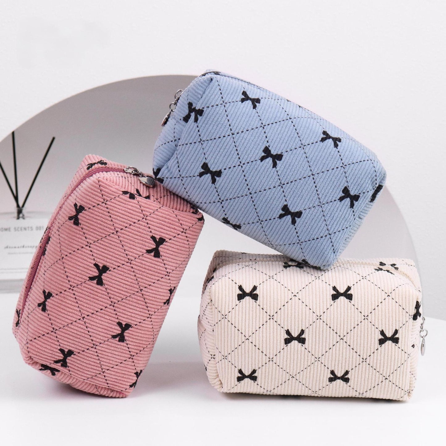 Corduroy Bow-Knot Makeup Bag - Large Capacity Cosmetic Organizer with Zipper