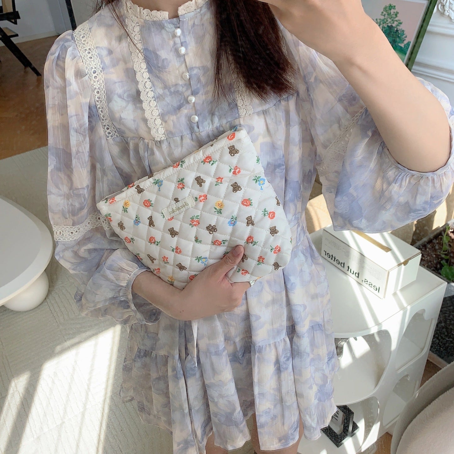 Quilted Floral Little Bear Makeup Bag - Women's Cosmetic Organizer Clutch with Cotton Lining