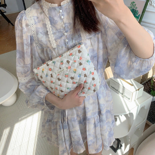 Quilted Floral Little Bear Makeup Bag - Women's Cosmetic Organizer Clutch with Cotton Lining