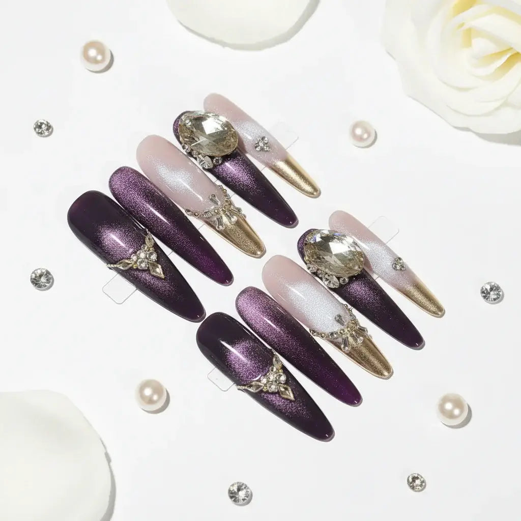 Purple cat eye press on nails luxury shiny