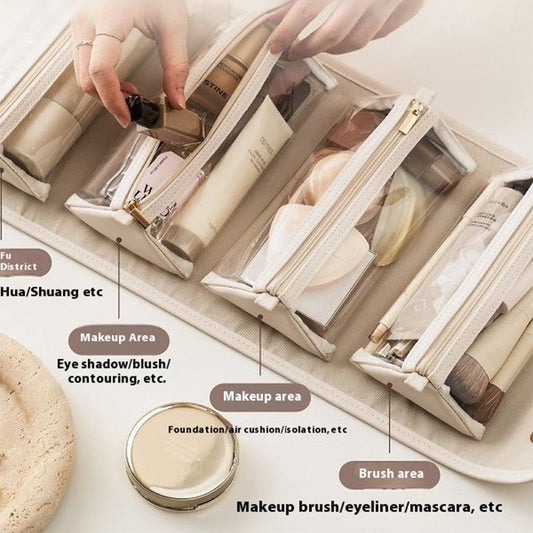 Women's Foldable Travel Cosmetic Bag – Large Capacity Waterproof PU Leather Makeup Organizer with Handle | Beige & Brown
