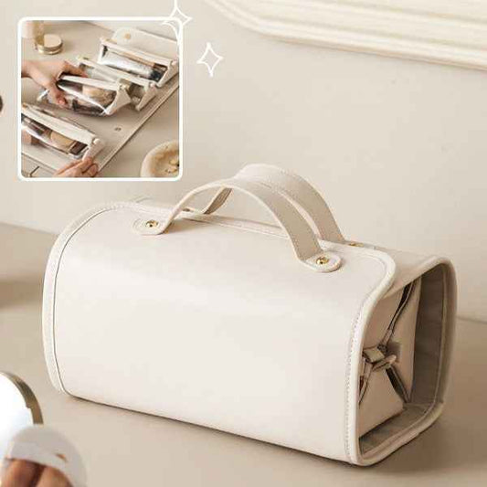 Women's Foldable Travel Cosmetic Bag – Large Capacity Waterproof PU Leather Makeup Organizer with Handle | Beige & Brown